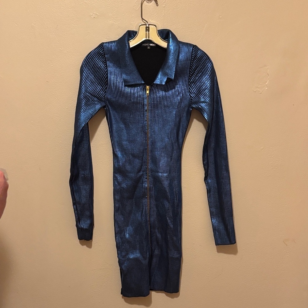 Fashion Nova Metallic Blue Long Sleeve Dress